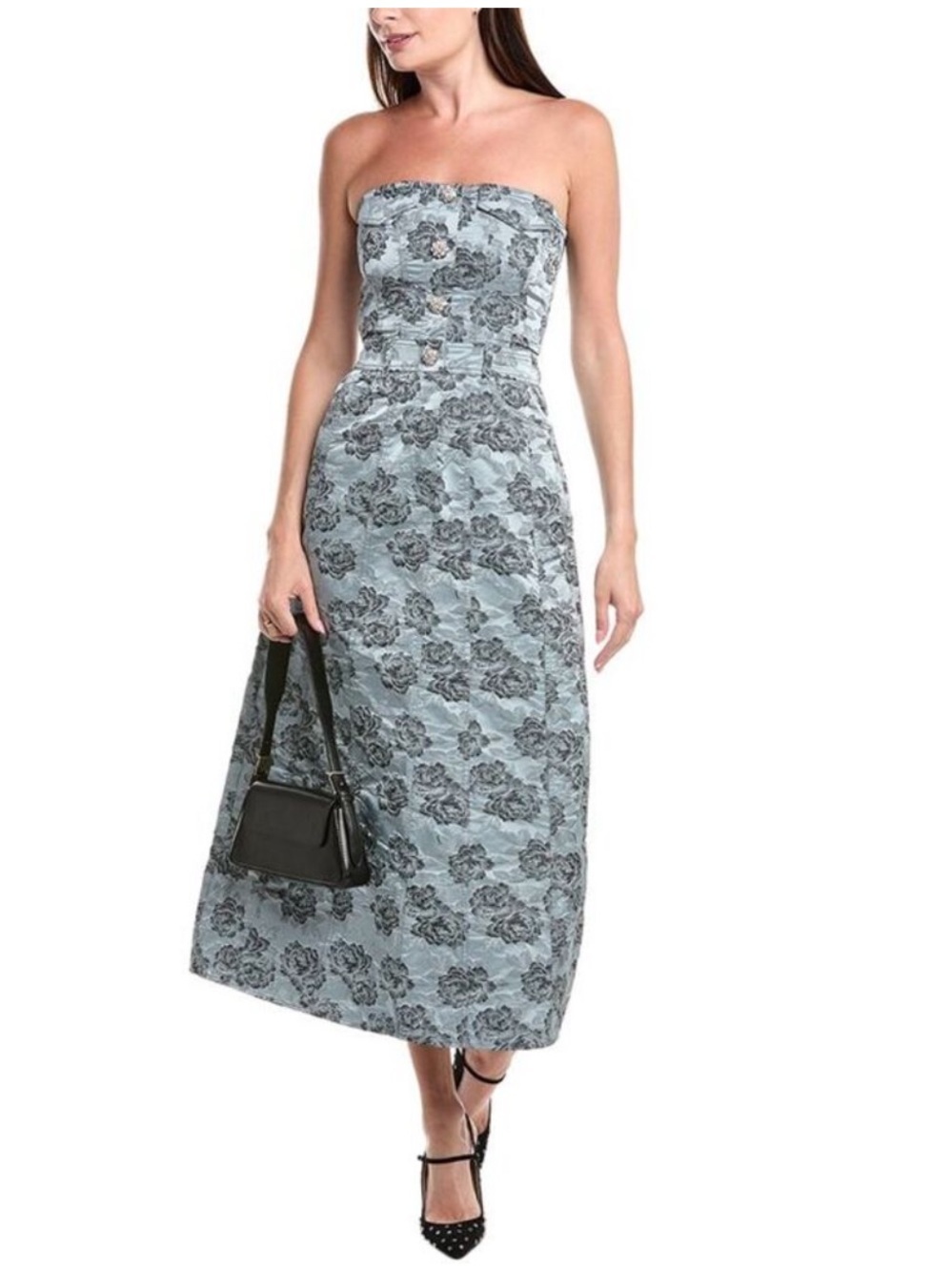 Ganni Jacquard Corsage Dress Women’s Size 4 36 Blue Floral Strapless Rhinestone